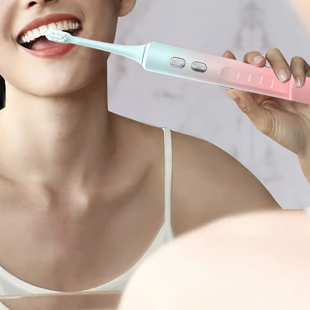 Travel Electric Toothbrush Self-Cleaning Vibration Toothbrush with 2Pcs Replacement Brush Head and Disinfection Storage Case Pink Green Gradient