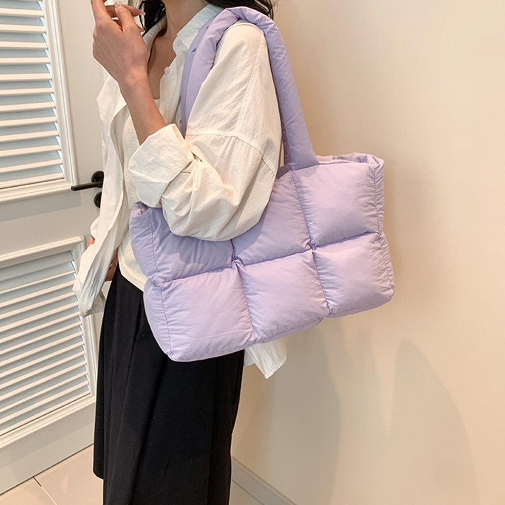 Puffer Tote Bag Large Quilted Puffy Handbag Lightweight Satchel Purse Purple