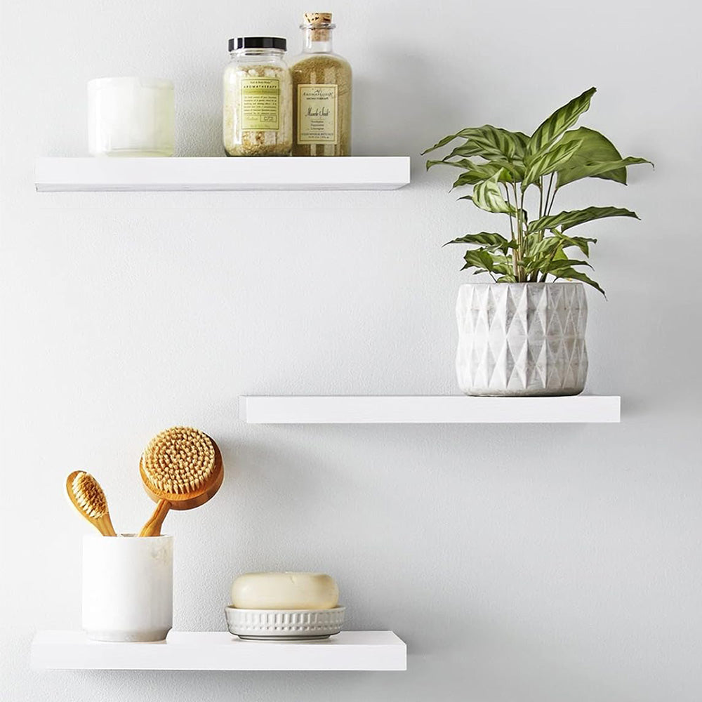 3Pcs Set Wall Mounted Floating Shelves Hanging Wood Storage Shelves for Home Bathroom White
