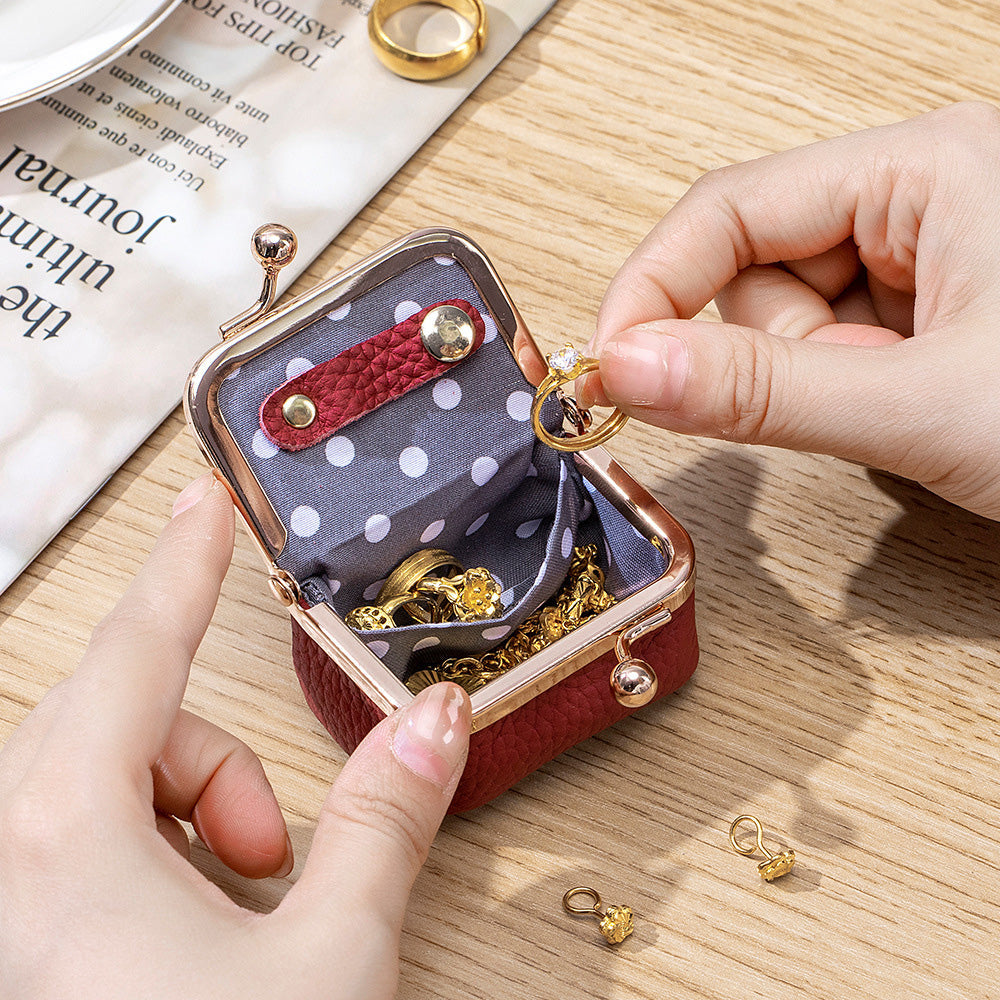 Mini Genuine Leather Jewelry Box Portable Vintage-Inspired Jewelry Case with Kiss Lock for Earring Ring Pink Wine Red