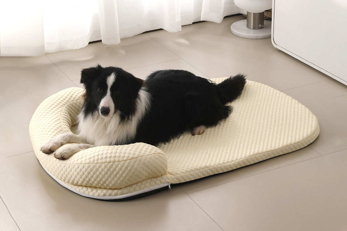 Pet Cooling Mat Memory Foam Cooling Fabric Dog Crate Bed with Pillow-Light Yellow