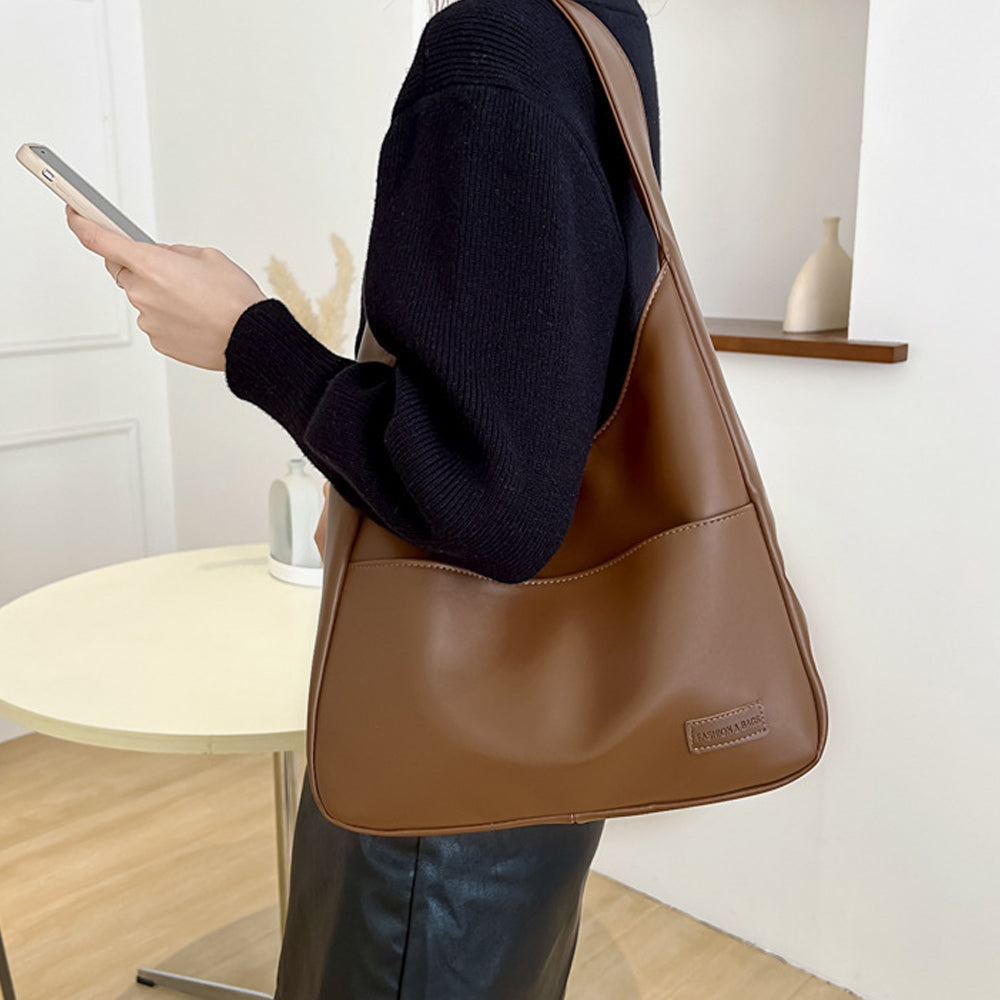 PU Leather Work Shoulder Bag Large Tote Bags for Women Bucket Handbag Brown