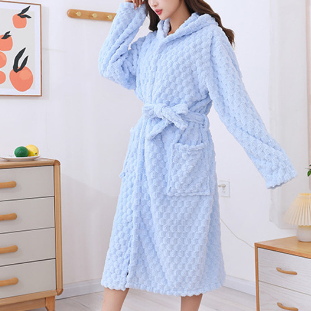 Women Bathrobe Long Winter Warm Wearable Bathrobe Blue