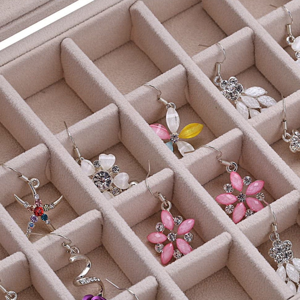 Organizer Case Box Holder Storage Jewelry Earring Ring Velvet Display Travel Portable-Beige