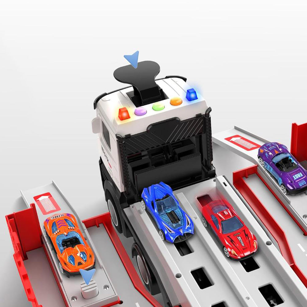 Transform Carrier Truck Race Track Toys with 8 Mini Race Cars Red