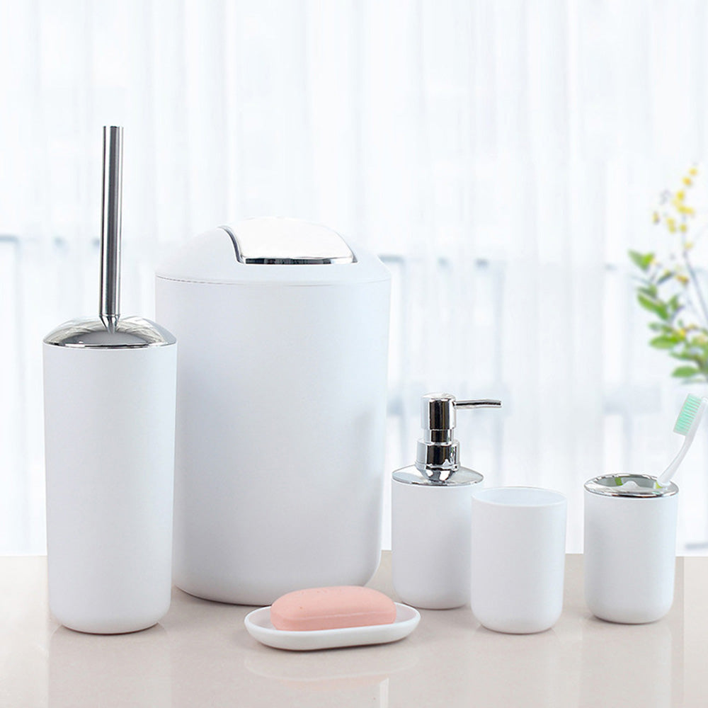 6 Piece Bathroom Accessories Set Soap Dish Soap Dispenser Toothbrush Holder Toilet Brush Trash Bin-White