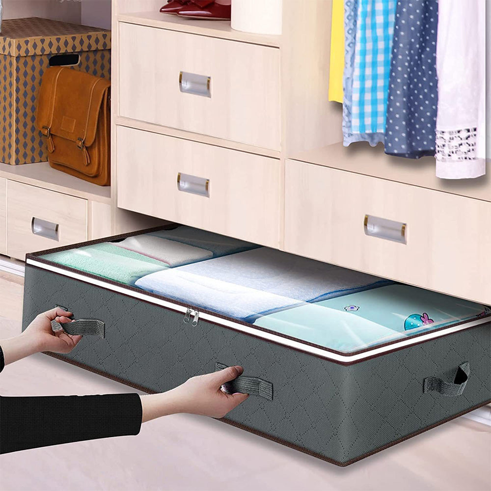 2 Pack Under Bed Zipper Storage Containers 90L Collapsible Closet Organizer Bins with Clear Window Grey