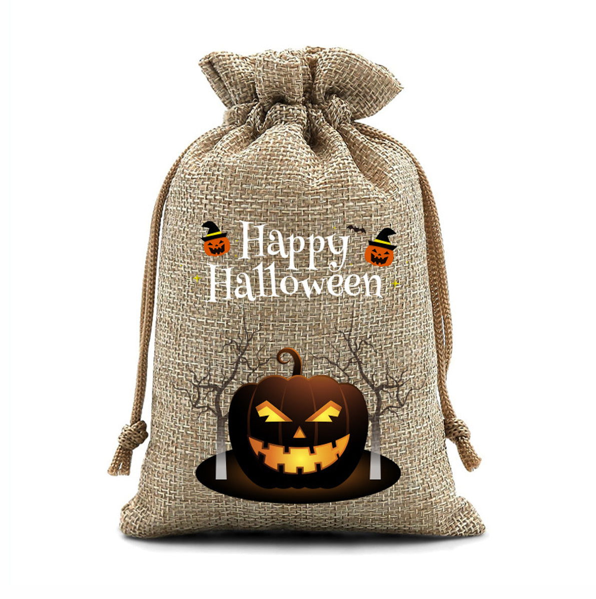 12 Pack Halloween Burlap Drawstring Gift Bags with Pumpkin Ghost Designs - Beige