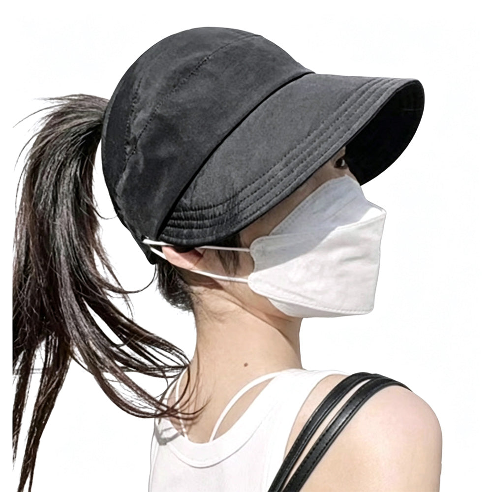 Wide Brim Quick Dry Foldable Sun Hat with Ponytail Opening - Black