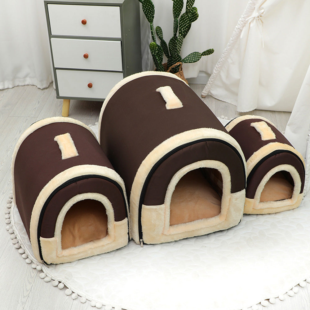 Pet Dog House Kennel Soft Bed Cave Cat Puppy Warm Cushion Brown