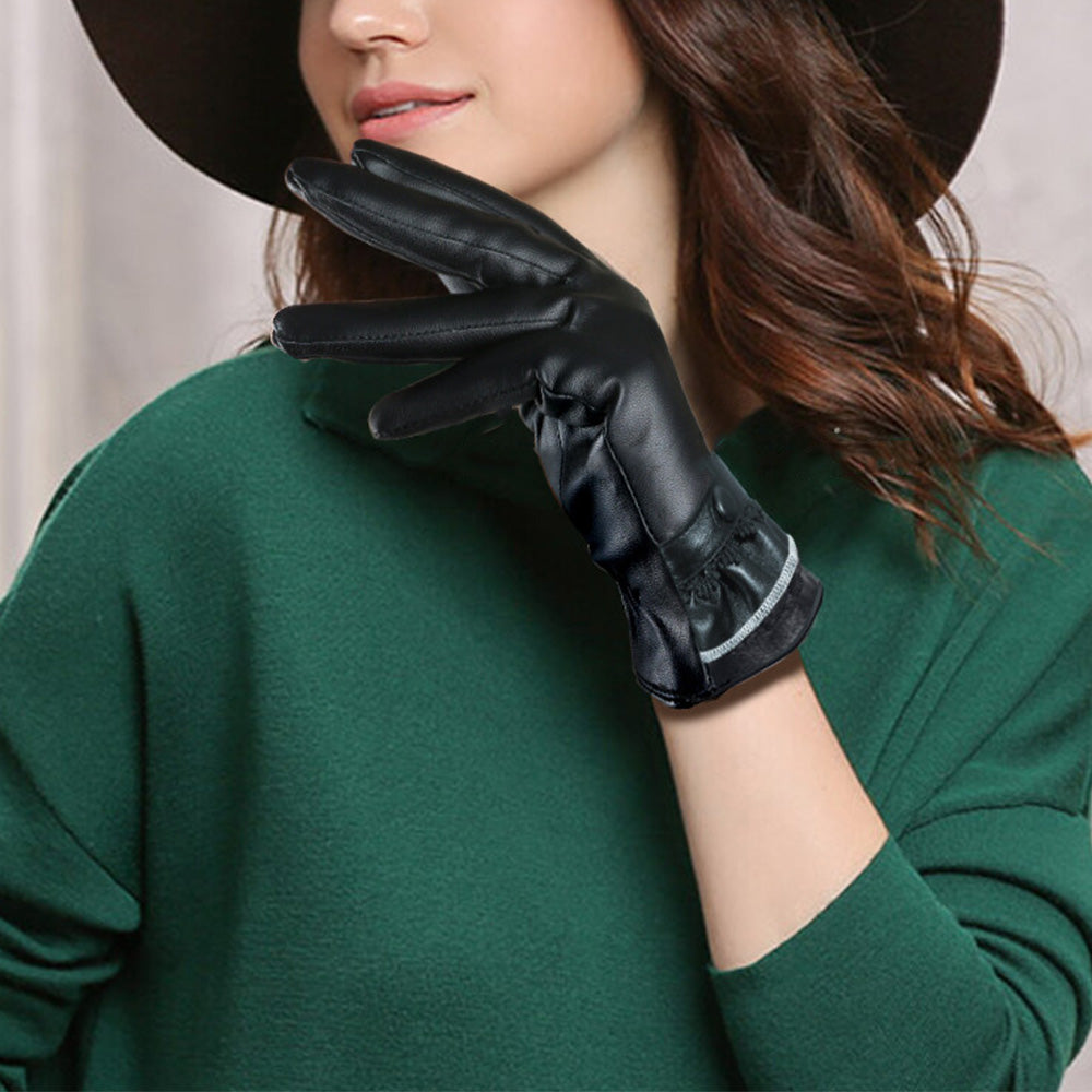 Pair of Women Winter Gloves Touch Screen Driving Warm PU Leather Gloves Style 2