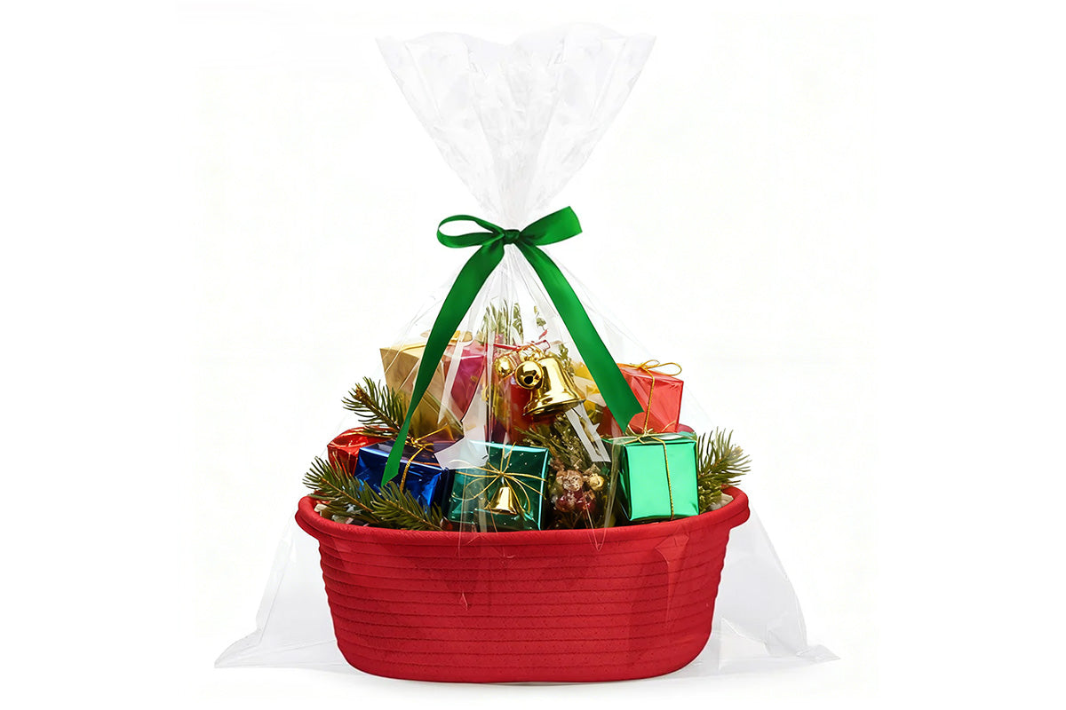 Gift Basket With Gift Bag And Ribbons Woven Storage Basket With Handle-Red