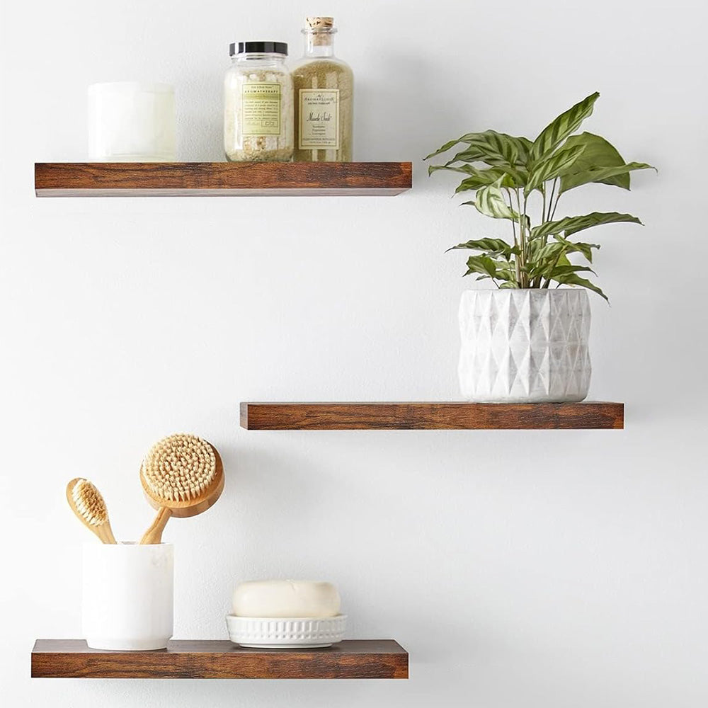 3Pcs Set Wall Mounted Floating Shelves Hanging Wood Storage Shelves for Home Bathroom Brown