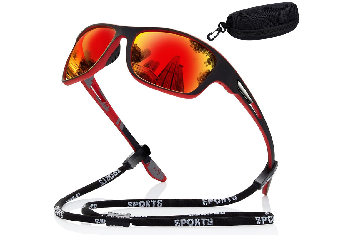Men Sunglasses Polarized Glasses Fishing Wrap Around Eyewear with Strap and Zippered Case-Red