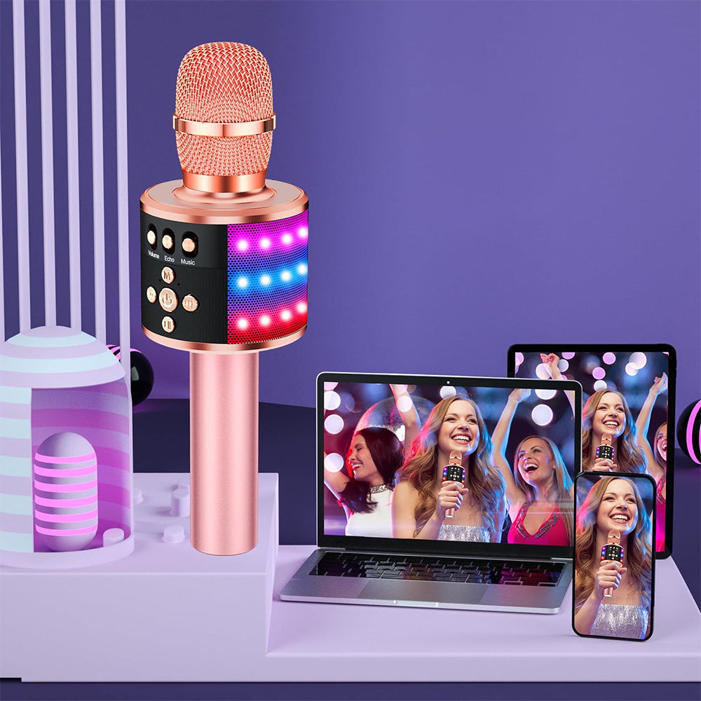Wireless Bluetooth Karaoke Microphone with LED Lights Home Party Singing Mic Rose Red