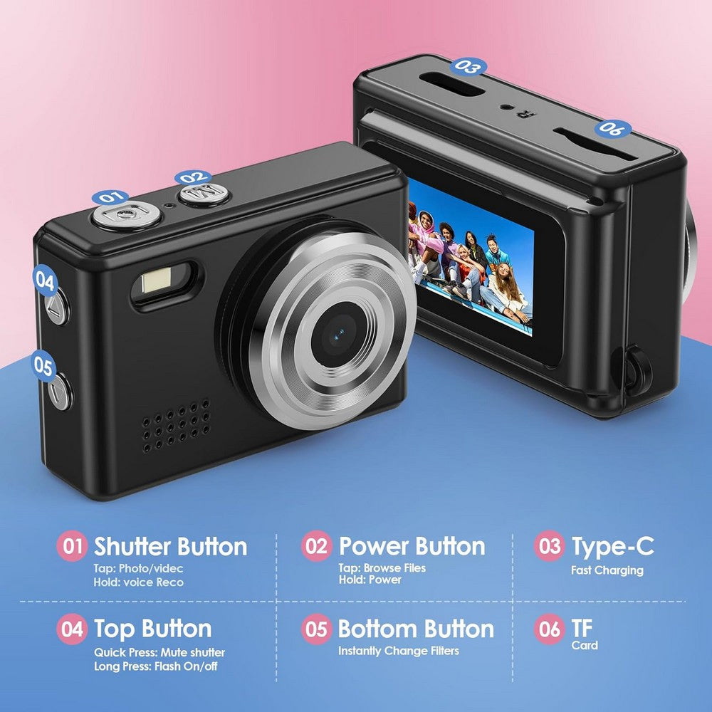 Mini Thumb Digital Camera 2MP Keychain Camera for Vlog and Travel-Black