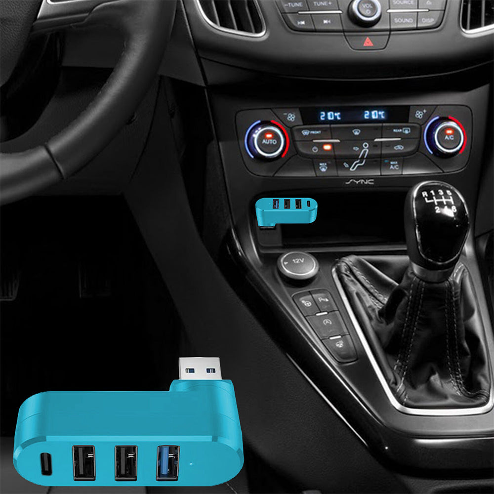 4-Port USB 3.0 Hub 180-Degree Rotating USB Splitter for Laptop Car Blue