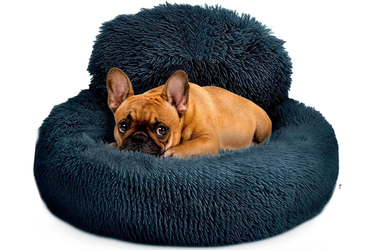 Calming Donut Dog Bed Anti-Slip Fluffy Plush Faux Fur Pet Bed for Most Dogs -Dark Grey