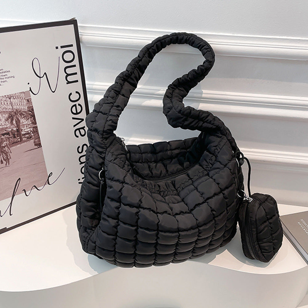 Puffer Tote Bag Quilted Puffy Crossbody Carryall Handbag Black
