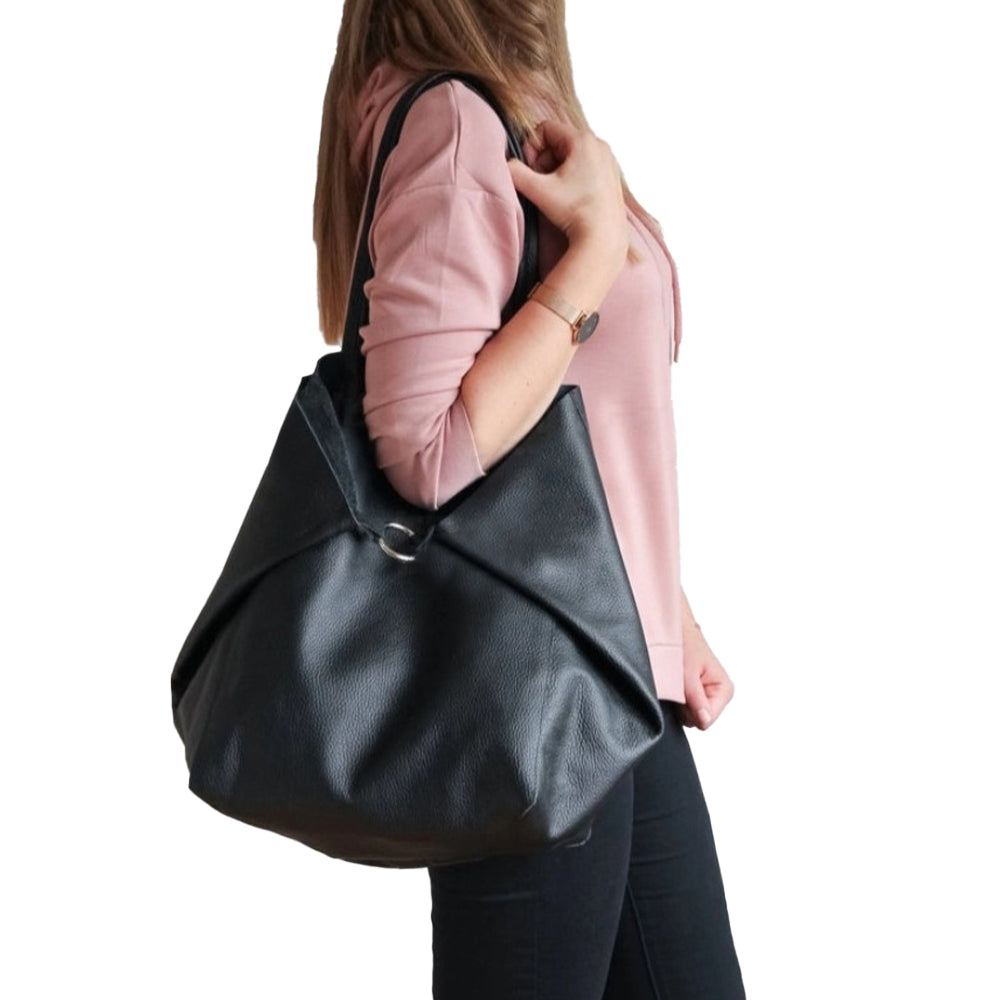 PU Leather Travel Tote Bag and Cosmetic Bag Set Large Handbag for Women Black