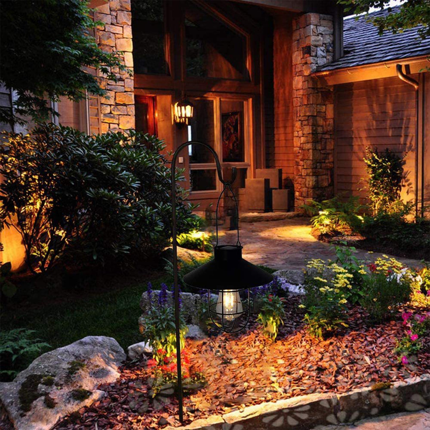 Solar Lantern Outdoor Hanging Light with Shepherd Hook Retro Stake Lights -Black