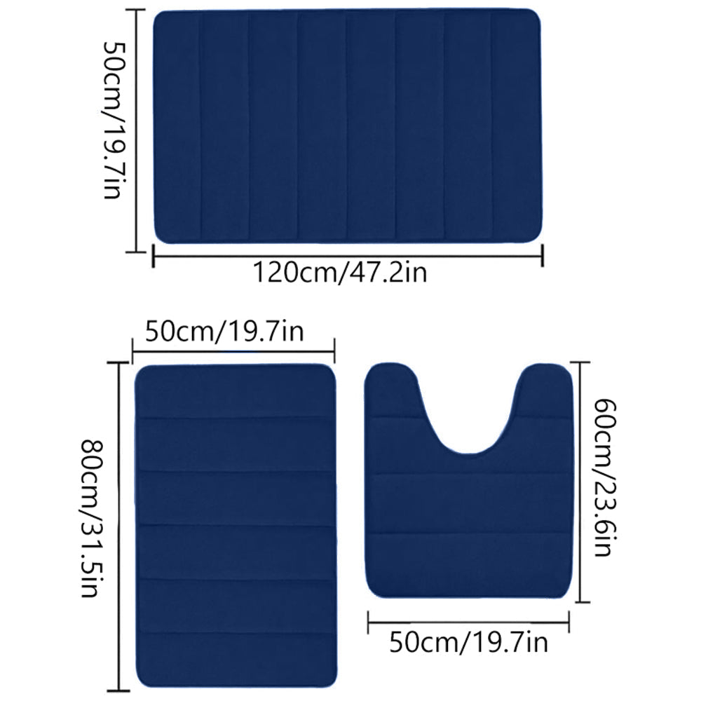 3 Pieces Set Water Absorption Bathroom Floor Mats Non-Slip Bath Mats Deep Blue