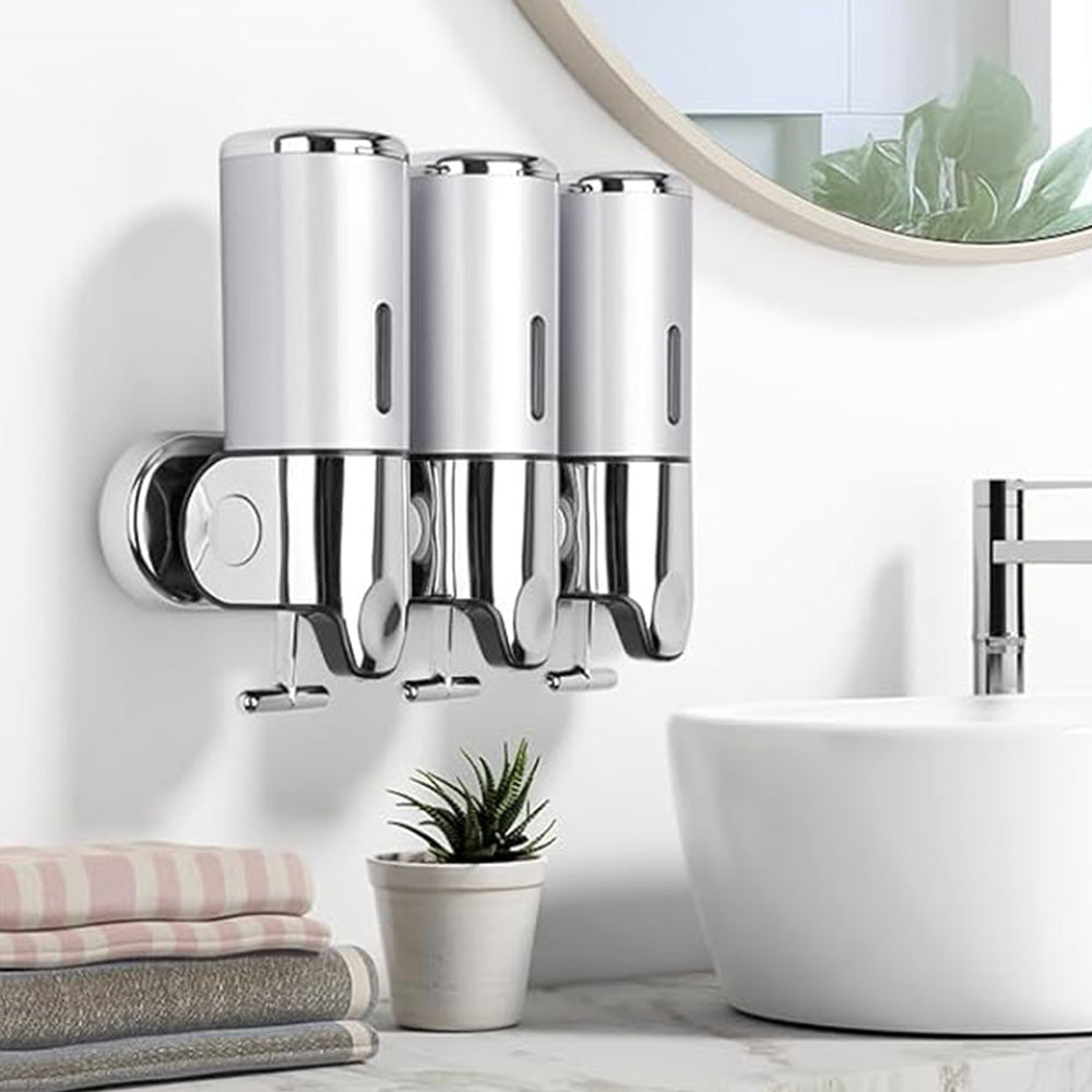 3-Chamber Shower Soap Dispenser Wall-Mounted Shampoo and Conditioner Dispenser with Visible Window Silver
