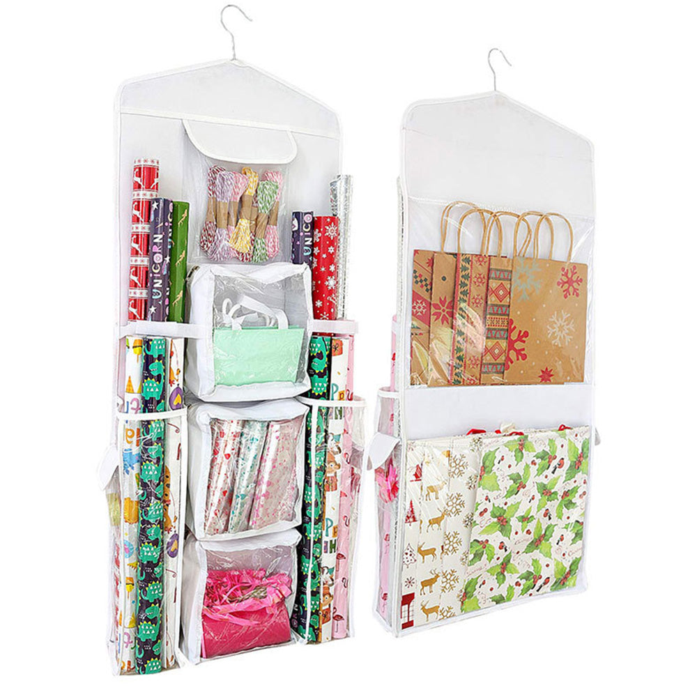 Hanging Wrapping Paper Storage Bag Double-Sided Gift Wrap Organizer Holder White