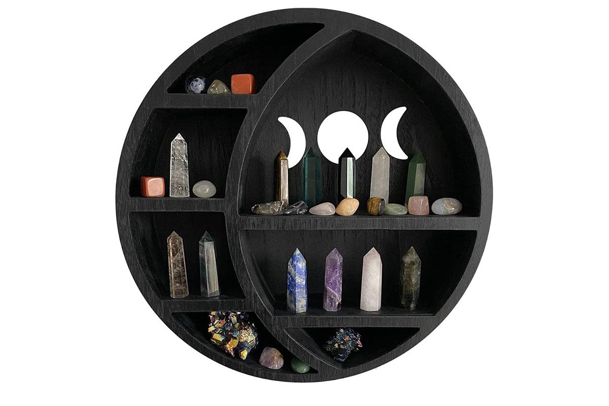 Wooden Shelf Halloween Crystal Display Shelf Decor-Round Moon
