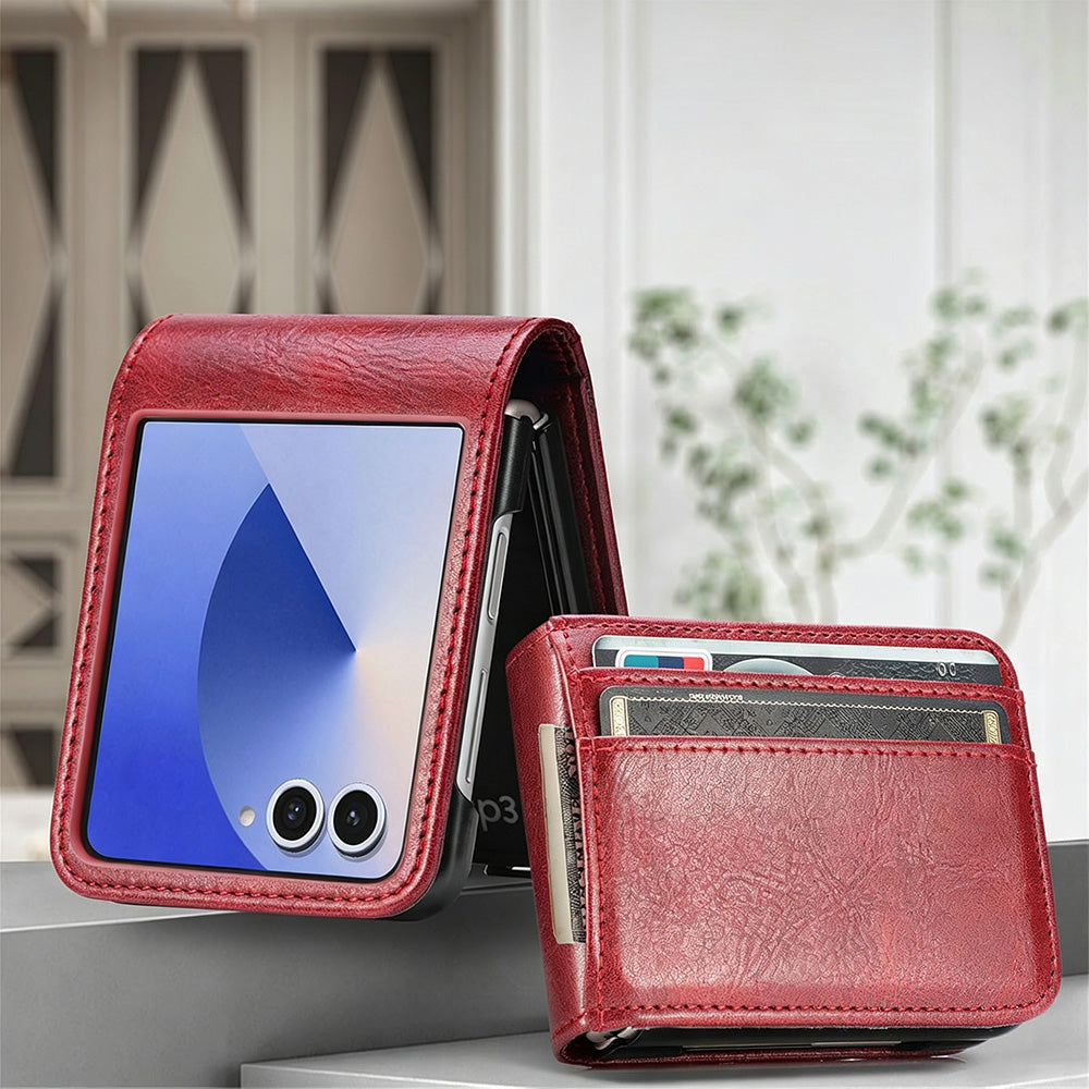 PU Wallet Card Holder Case for Samsung Galaxy Z Flip 6 7 8 with Stand - Red