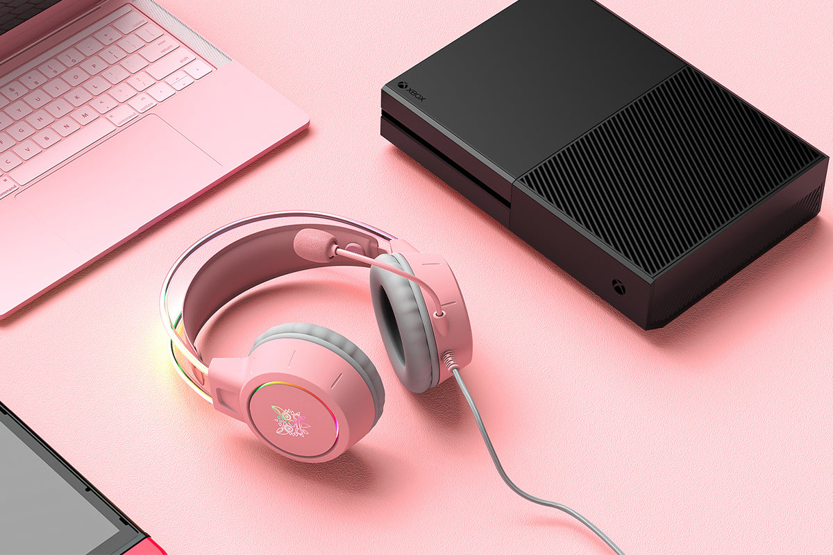 Gaming Headset with Microphone RGB Lighting Wired Over Ear Headphones Surround for PC Laptop PS4 PS5 Xbox Switch -Pink