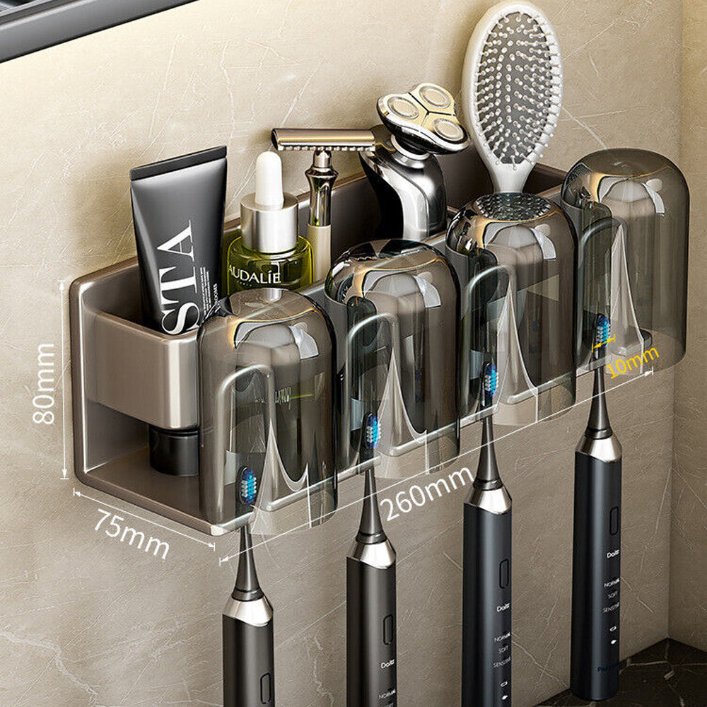 Wall Mounted Electric Toothbrush Caddy Toothpaste Rack with Cups Space Saving Bathroom Organizer