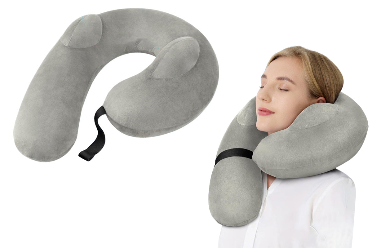 Inflatable Travel Neck Pillow for Airplane Sleeping Air Pillow Supports Head Neck Chin -Grey