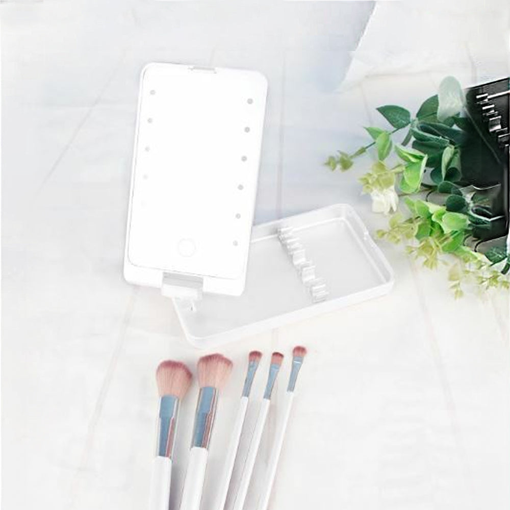 Rotating LED Vanity Mirror with 5 Cosmetic Brushes Portable Travel Makeup Mirror with Light White