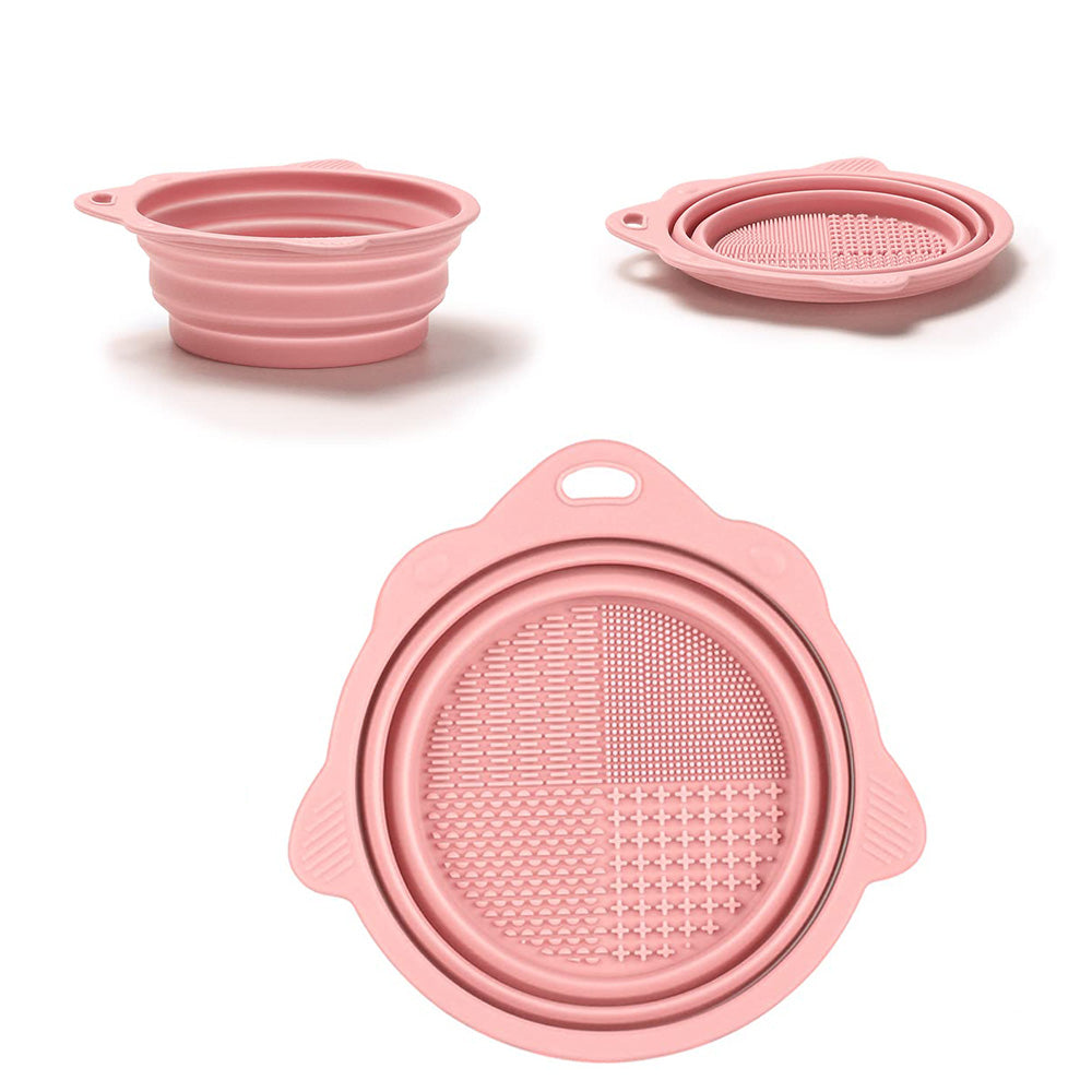 2Pcs Foldable Makeup Brush Cleaner Bowl Portable Silicone Cleaning Tool for Cosmetic Brushes Powder Puffs Sponges Pink