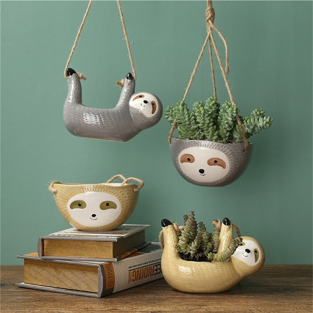 Sloth Hanging Planters Pots Cute Wall Planter Succulent Air Plants Cactus Ceramic Flower Pot-Gray