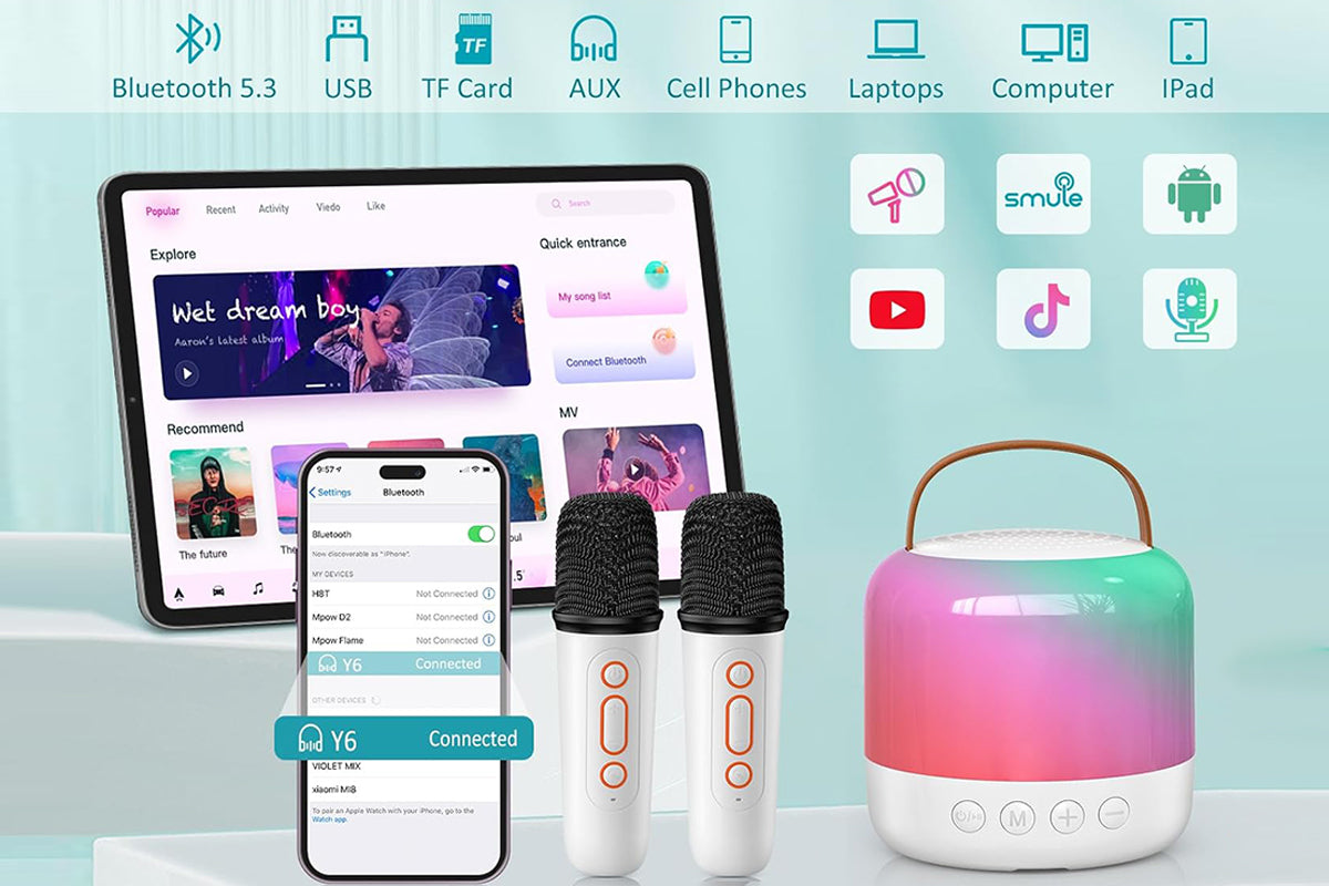 Mini Karaoke Machine for Adults Portable Bluetooth Speaker with 2 Wireless Microphones Christmas Birthday Holiday Toy Gifts-White