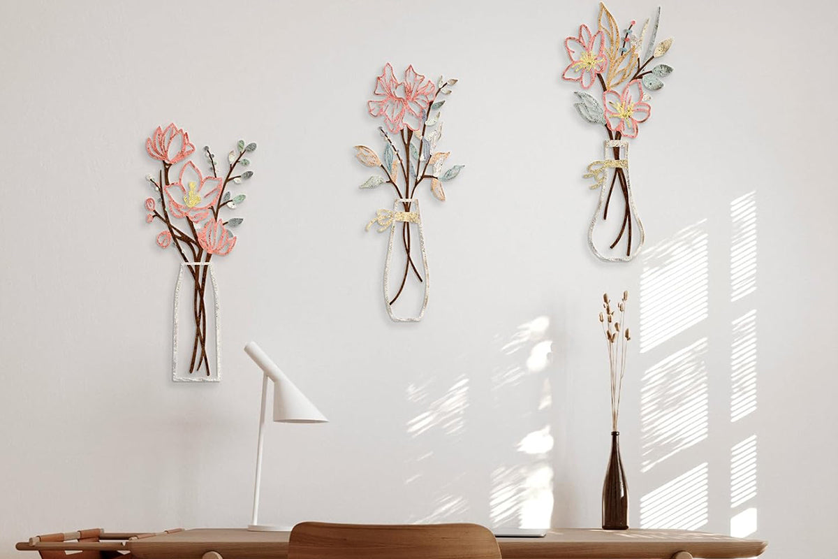 3Pcs Metal Flowers Wall Art Wall Decor Sculptures Hanging for Kitchen Living Room -Pink Flowers