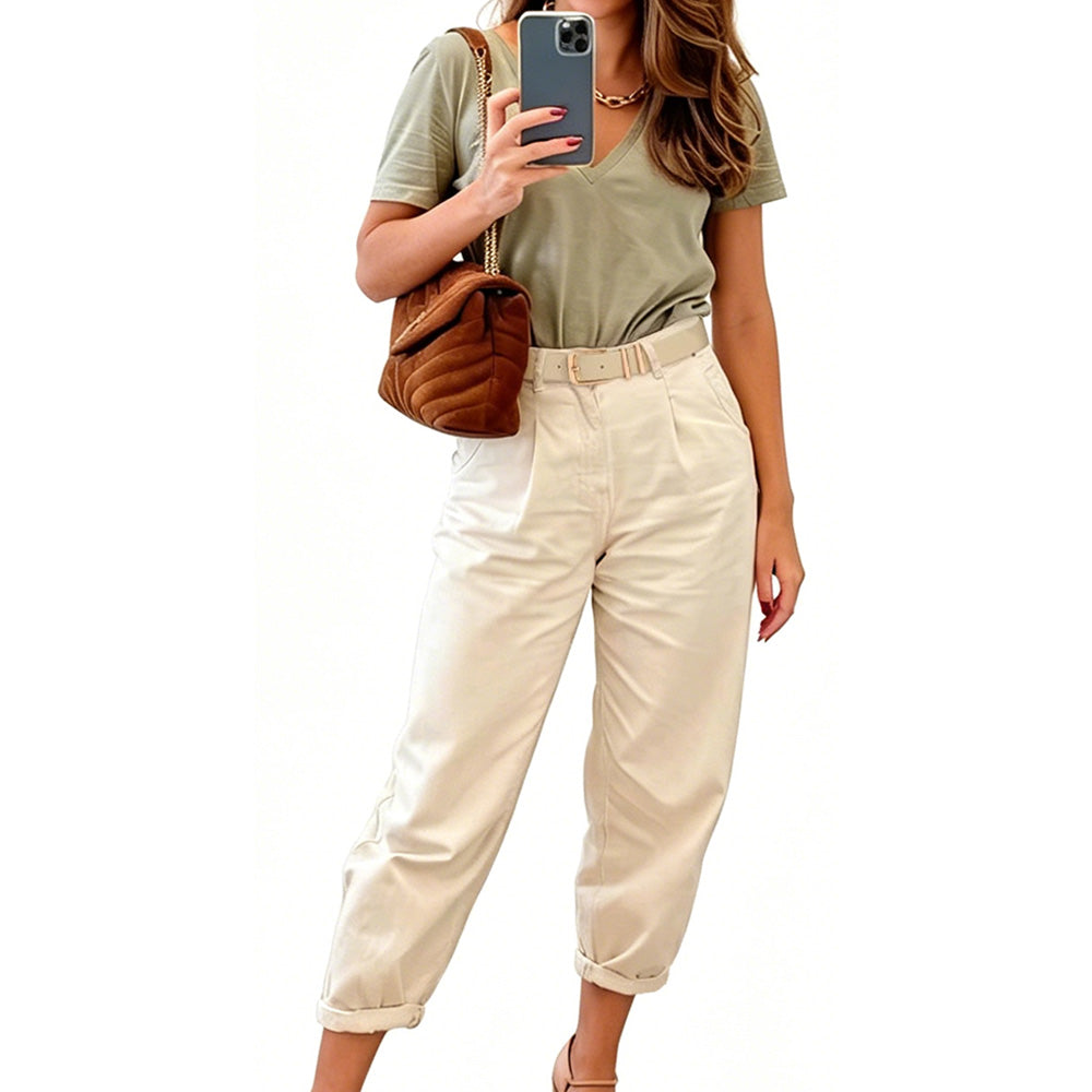 Women PU Leather Waist Belt Gold Pin Buckle Casual Belt for Jeans Dress-Beige