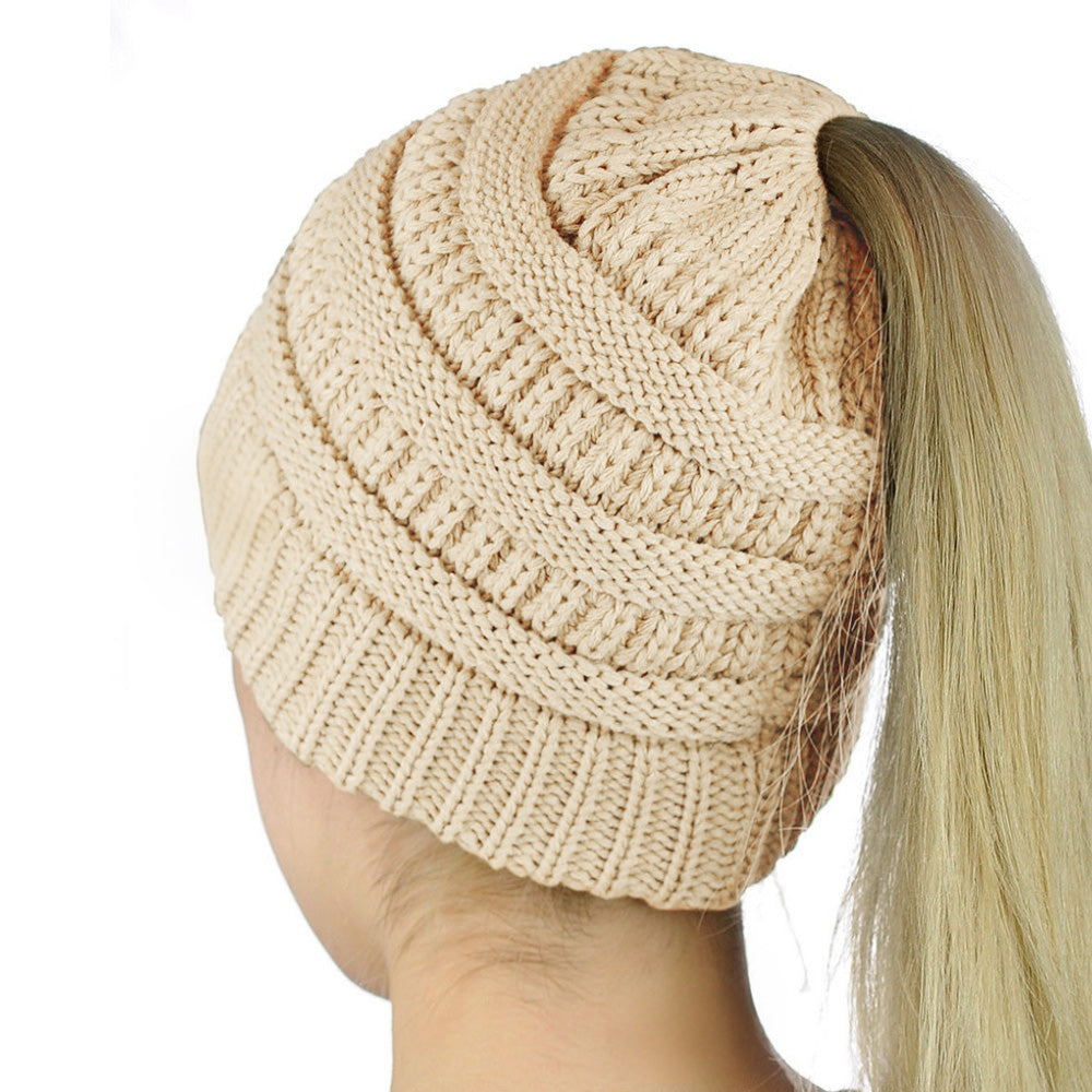 Winter Cable Knit Ponytail Beanie High Bun Crochet Hat - Beige