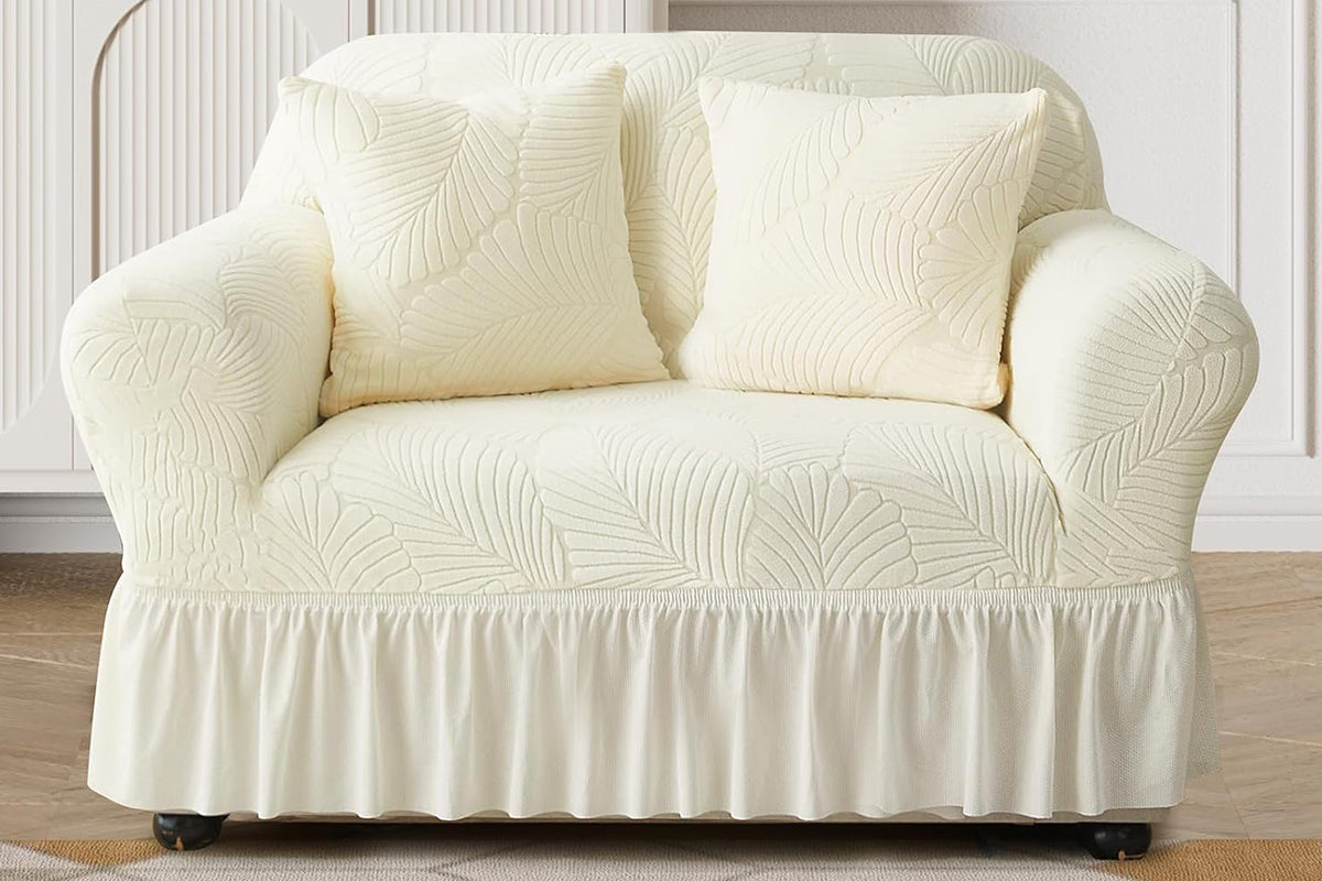 Sofa Cover with Skirt Stretch Sofa Slipcover Non-Slip Soft Couch Cover -Beige