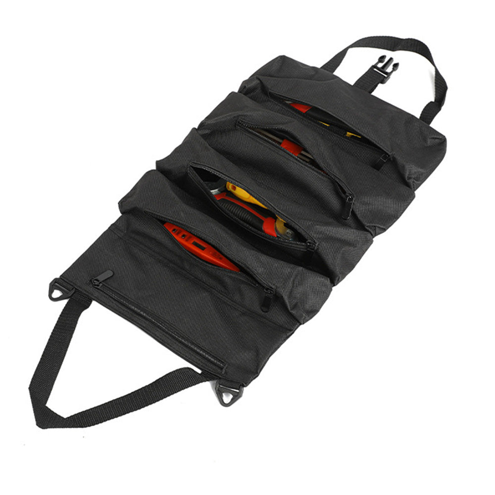 Roll Up Tool Bag Water Resistant Tool Organizer Zipper Pouch for Electricians Repairman Black