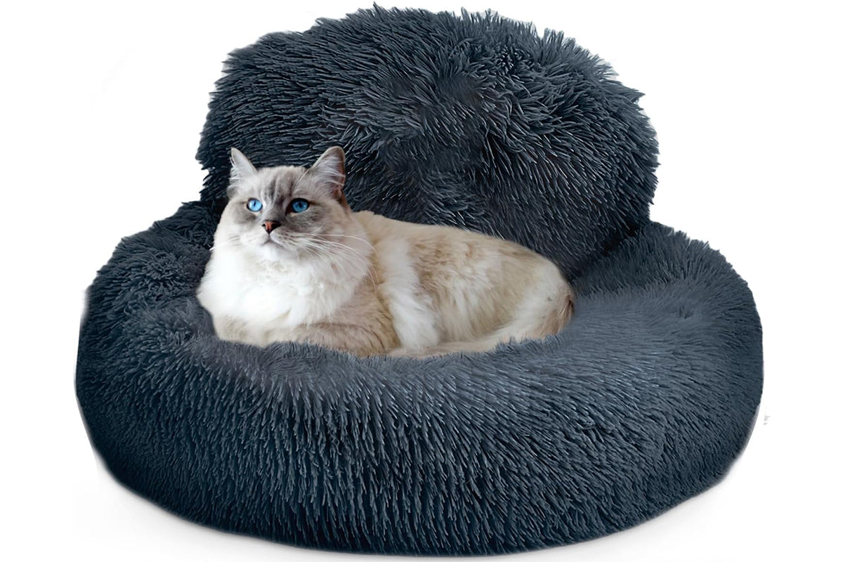 Calming Donut Dog Bed Anti-Slip Fluffy Plush Faux Fur Pet Bed for Most Dogs -Dark Grey