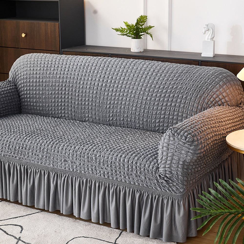 Seersucker Couch Cover with Ruffle Hemline Stretch Sofa Cover -Grey