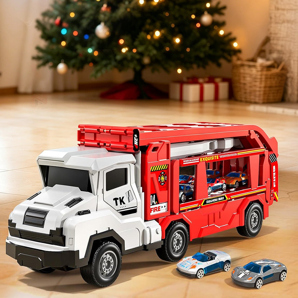 Large Dual Track Transporter Truck Toy Set with 6 Alloy Racing Cars - Red
