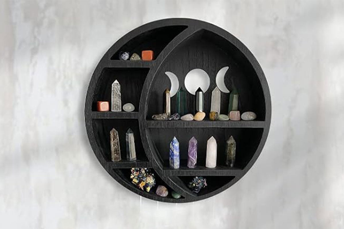 Wooden Shelf Halloween Crystal Display Shelf Decor-Round Moon