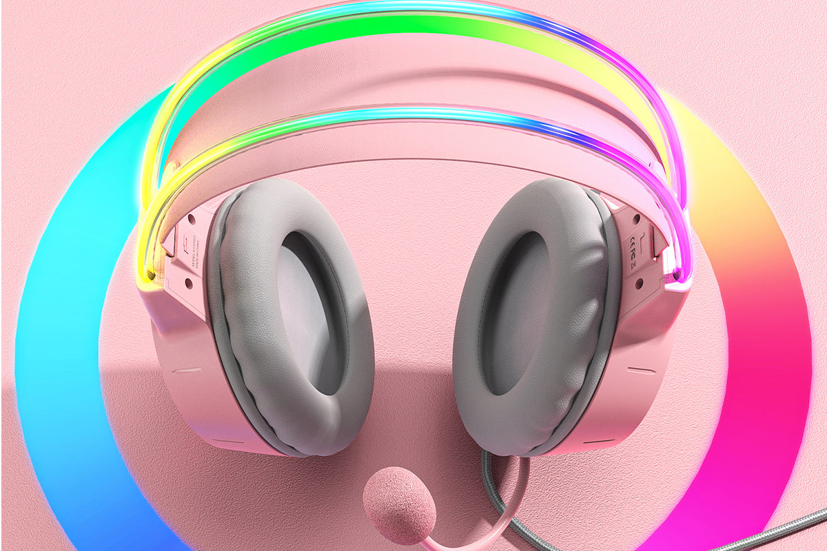 Gaming Headset with Microphone RGB Lighting Wired Over Ear Headphones Surround for PC Laptop PS4 PS5 Xbox Switch -Pink