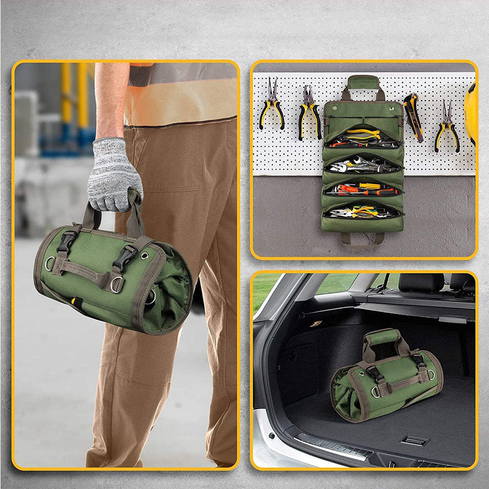 Portable Roll Up Tool Bag Hardware Repair Tool Organizer for Electrician Mechanic Green