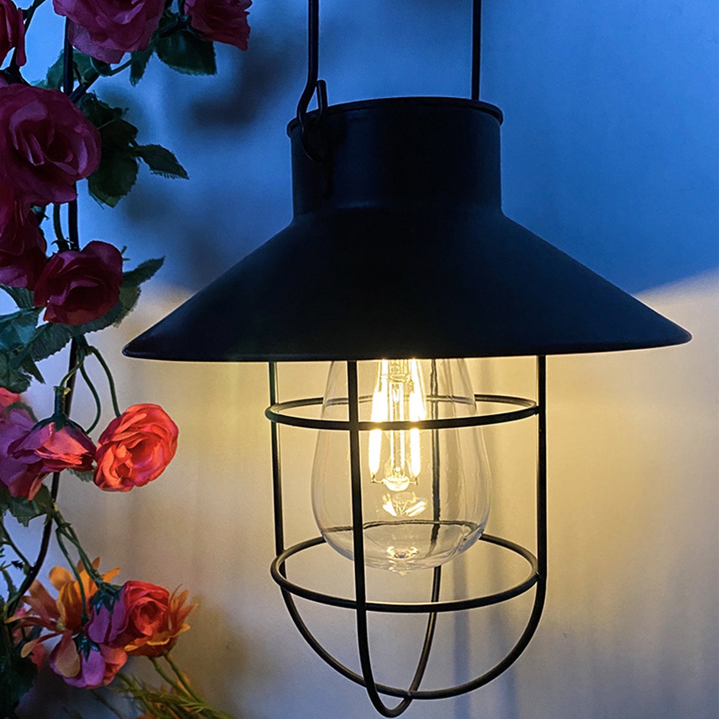 Solar Lantern Outdoor Hanging Light with Shepherd Hook Retro Stake Lights -Black