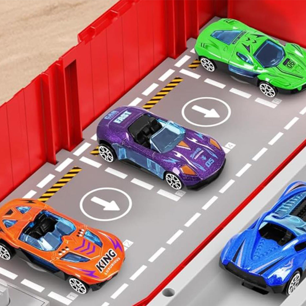 Transform Carrier Truck Race Track Toys with 8 Mini Race Cars Red